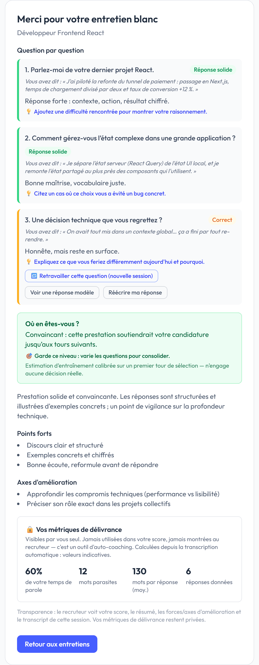 Capture réelle du débrief d'entretien blanc Laetitia : feedback question par question avec citation, verdict et plan de progression.